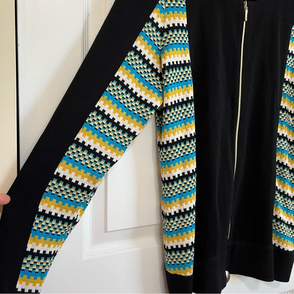 Exclusively MISOOK Full Zip Black Knit Blouse Long Sleeve Geometric Stripe XL - Picture 5 of 10